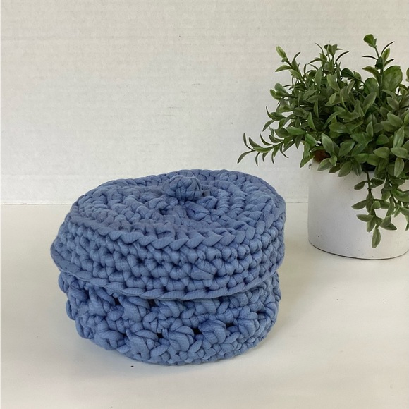 Hand Crafted Other - Bowl Lidded Hand Crafted Container Crochet Cotton Denim Blue Boho